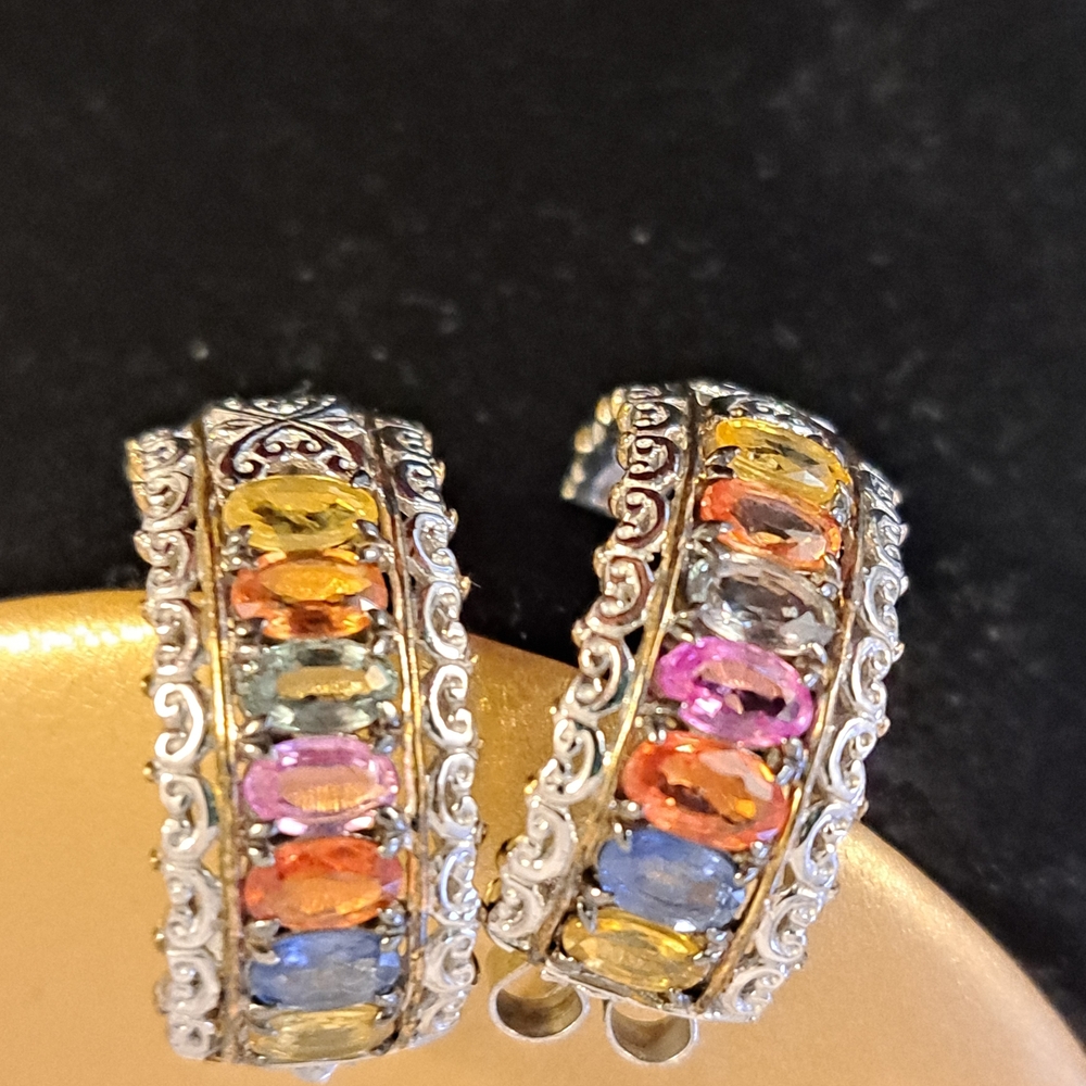 Vibrant Silver Earrings  with Multicolor  Sapphire Gemstones